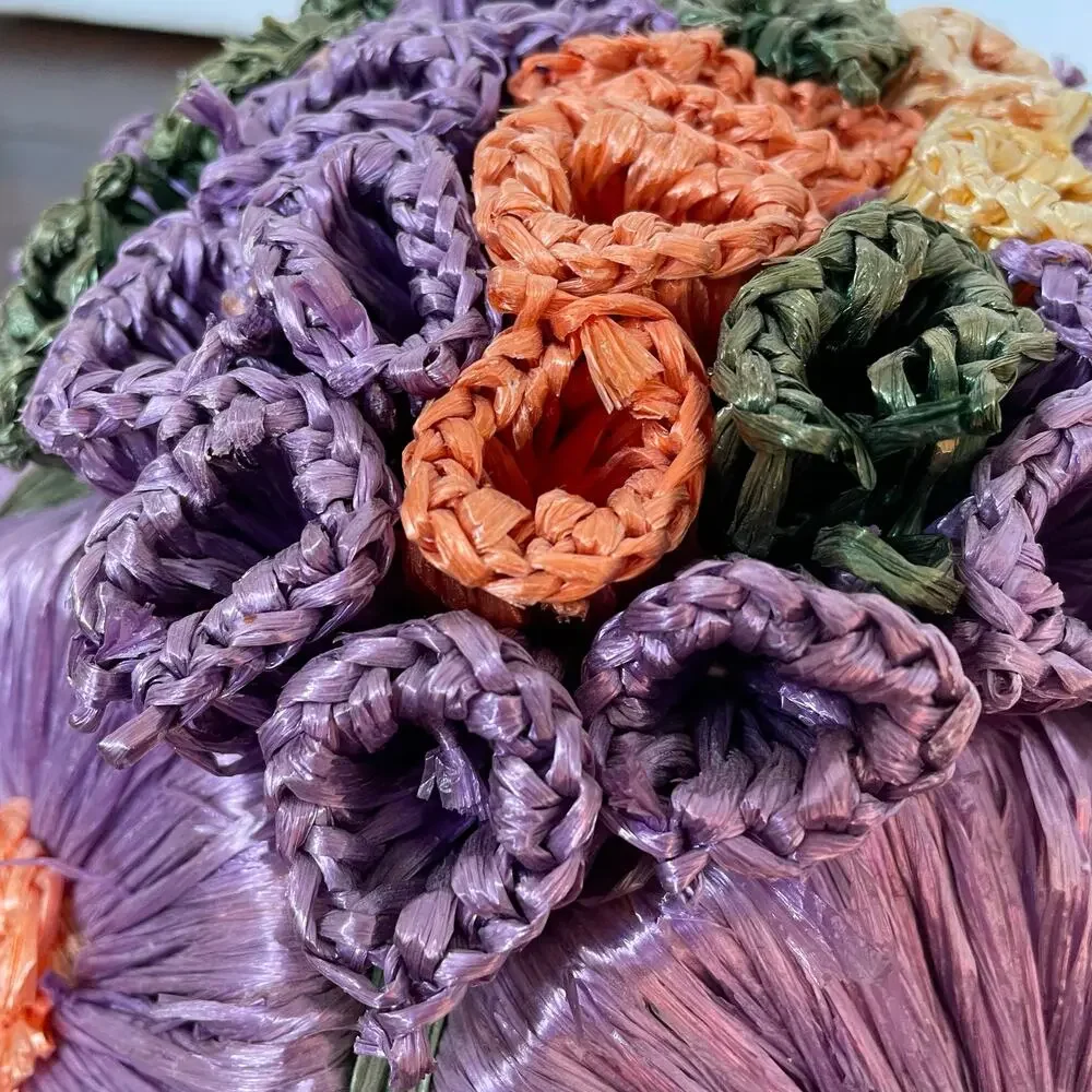 Vintage Straw Basket Raffia Flowers Covered Dome Lid Large Sewing Boho Grandma
